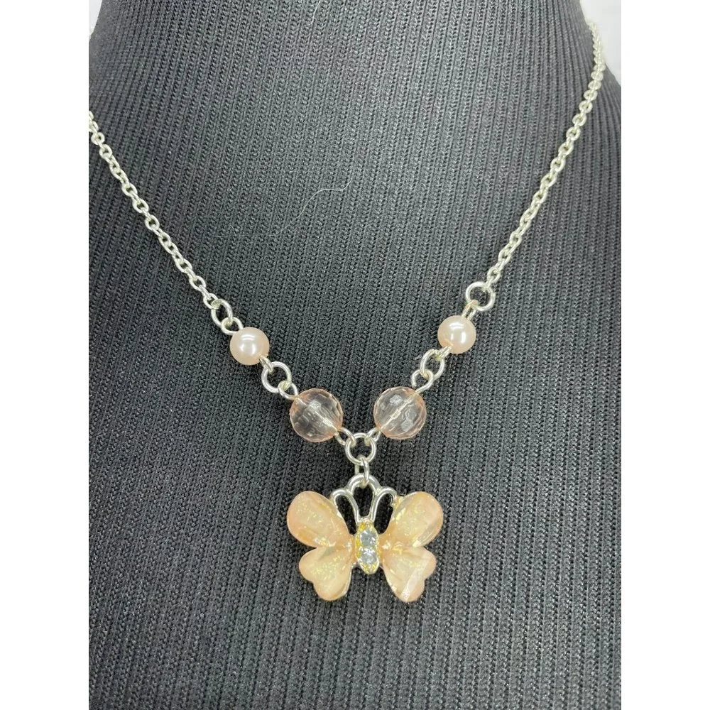 Clair's Girls Peach Pink Glitter Butterfly‎ Pendant Silver Fashion Necklace
